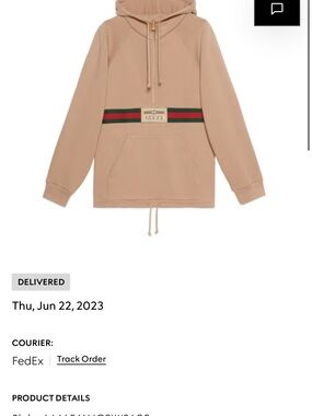 Gucci Tan Hoodie with Signature Green-Red Web and Gold Logo
